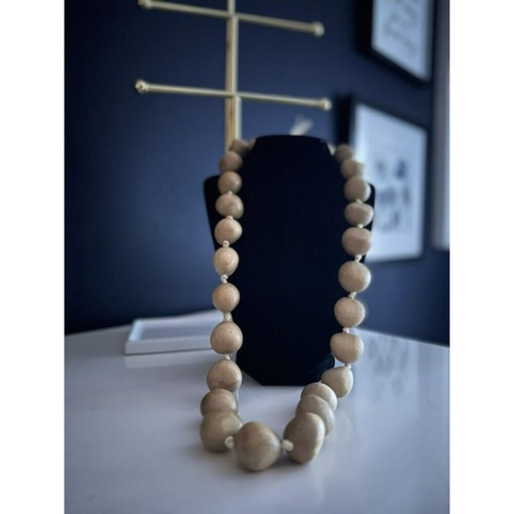 LARGE BEAD NECKLACE, WOOD WITH CREAM RIBBON, COSTUME JEWELRY 16”